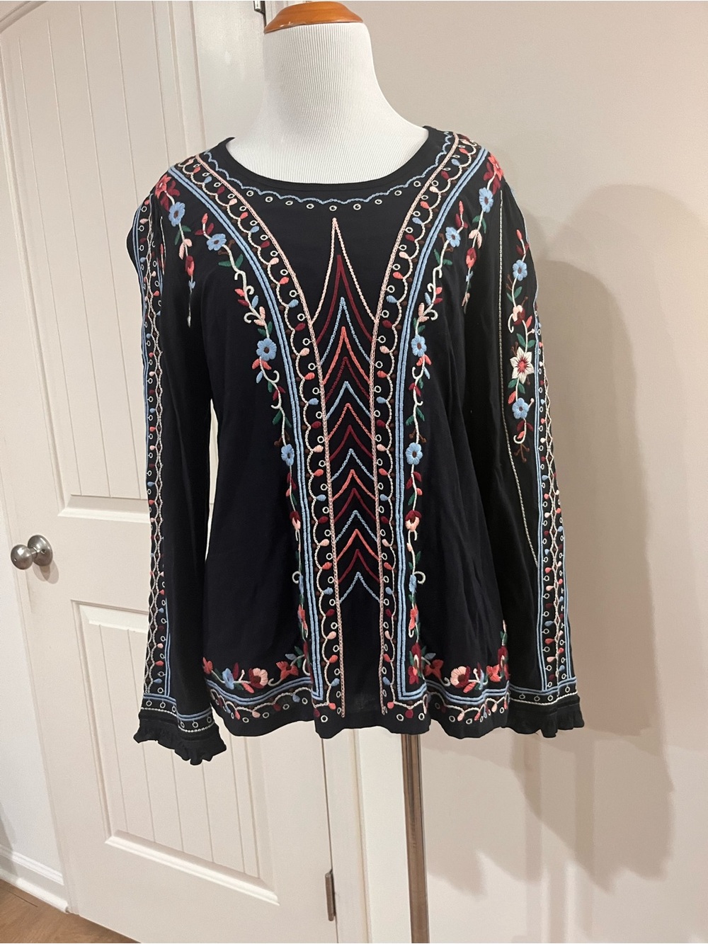 Black Embroidered Long-Sleeve Tee with Multicolor Floral Detail